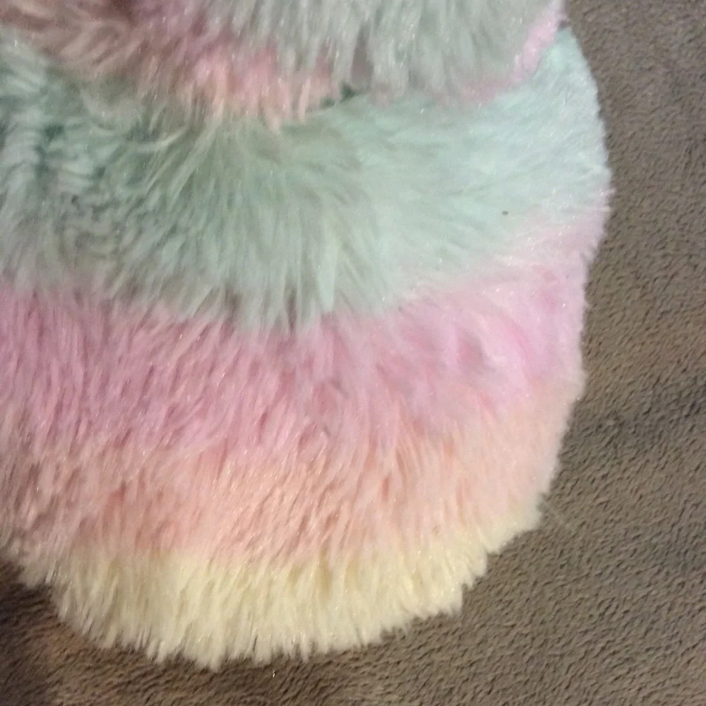 rainbow colored fuzzy slippers